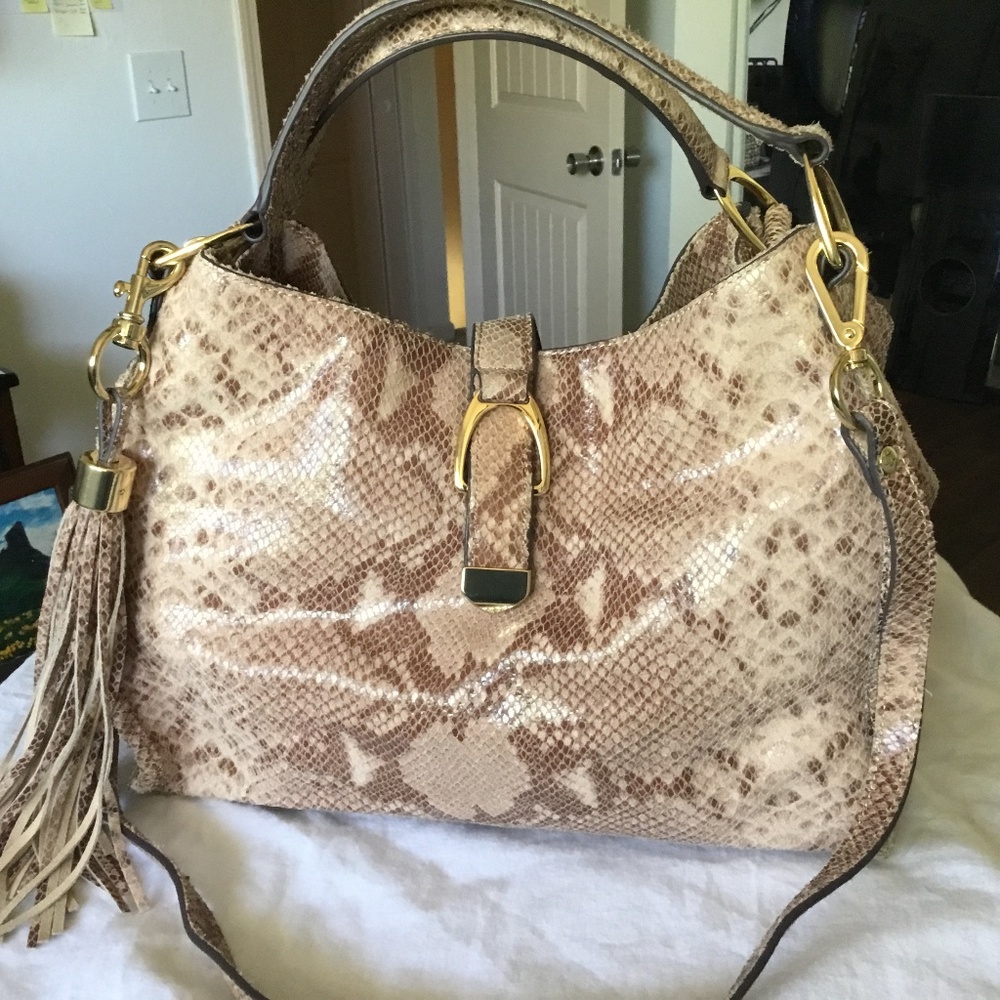G.I.L.I.  Python Print Leather Slouchy Handheld or Crossbody Bag Tassel Detail